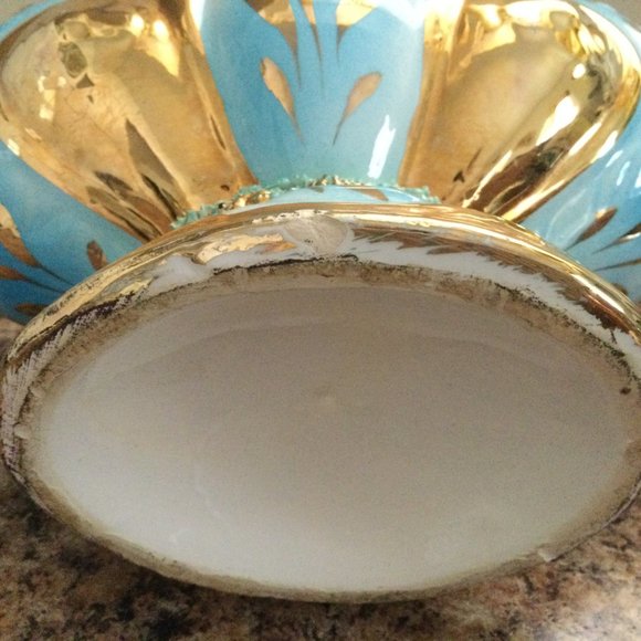 Vintage big bowl footed handled heavy gold gild sky blue hand painted - Picture 6 of 8